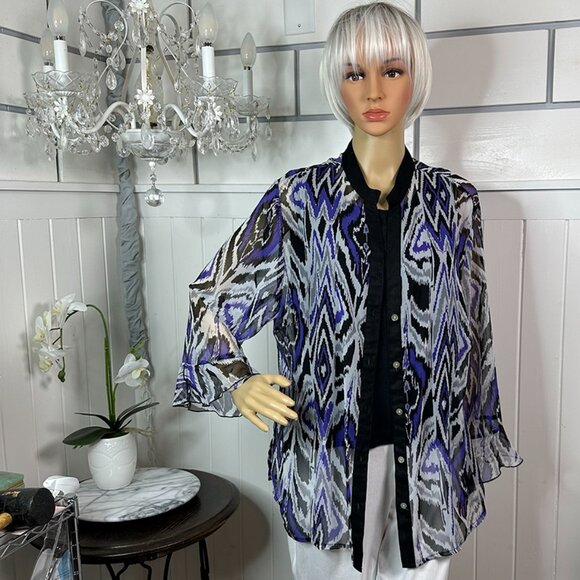 Sheer Purple, Black, White V Neck Button Mandarin Collar Investments II 2X - Picture 3 of 9